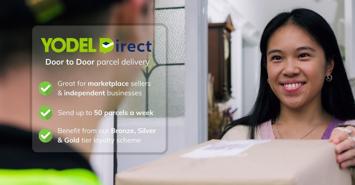 A woman receives a parcel from a delivery person. Text highlights Yodel Direct's services for marketplace sellers and loyalty schemes.